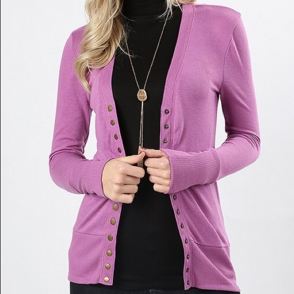 CLEARANCE Dark Mauve Snap Button Cardigan Ribbed Sweater - Picture 2 of 3
